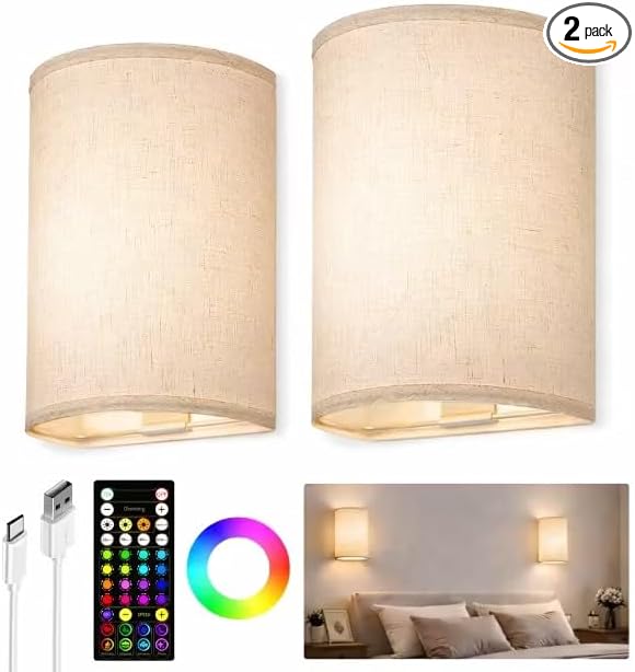 EZVALO Battery Operated Wall Sconce, Rechargeable Wall Sconces Set of Two with Remote, 3 Color & 80 RGB Wireless Wall Mount Lamp, Dimmable, Timer, Peel and Stick, Fabric Linen Wall Lights for Bedroom