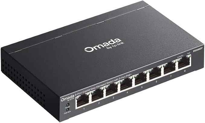TP-Link Omada 8 Port Gigabit Easy Managed, PoE Switch, 65W Budget, PoE+ Compliant, Up to 250m PoE Distance, Auto Recovery, VLAN, Auto Loop Prevention, Fanless, Managed by Omada(ES208GP)