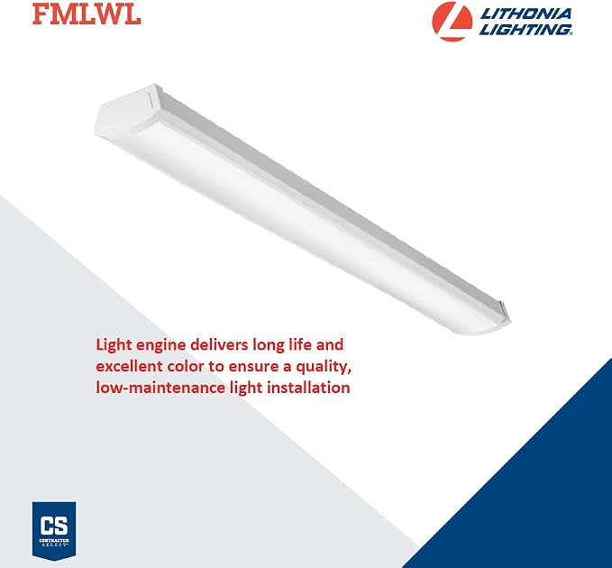 Lithonia Lighting 4 Foot LED Light Fixture, Low-Profile LED Wraparound Flush Mount Ceiling Light, 2700K Soft White, 120V, 48-Inch (FMLWL 48 827)