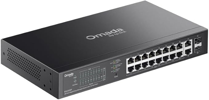 TP-Link Omada 16 Port Gigabit Easy Managed, PoE Switch, 150W Budget, PoE+ Compliant, Up to 250m PoE Distance, Auto Recovery, VLAN, Auto Loop Prevention, Fanless, Managed by Omada(ES220GP)