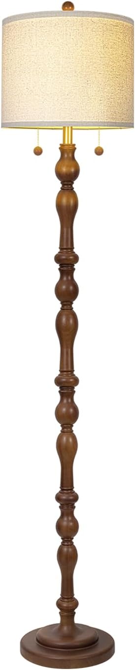65.5" Natural Real Wood Floor Lamp with S Cluster Pull Chains Dual Switch,Wood Base Standing Lamp,Rustic Tall Lamp with Linen Shade,Farmhouse Floor Lamp for Living Room,Bedroom,Office(Bulb Included)