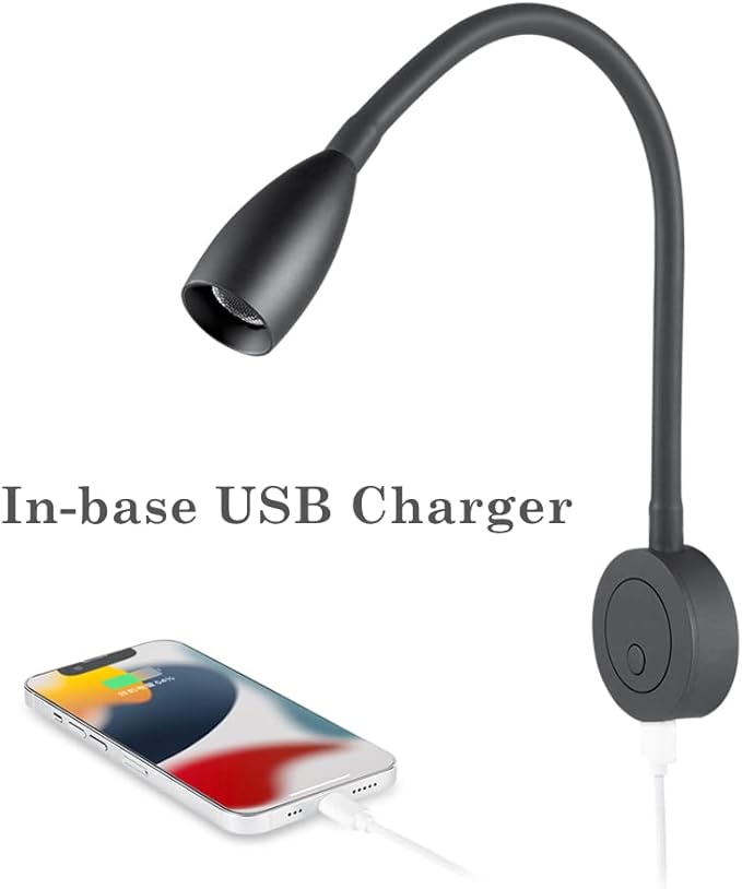 12V Dimmable Reading Light, RV Boat Bedside Reading Lamp, LED Spotlight for Camper Van Travel Trailer Truck Motorhome, Equipped USB Charger & Press Dimmer Switch (Matte Black)