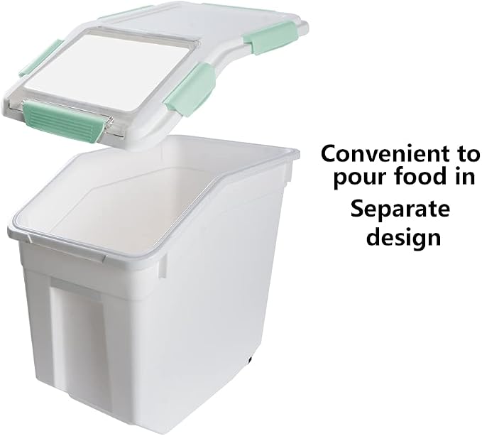 Airtight Flour Storage Container 25 lb Rice Storage Container with Wheels Seal Locking Lid, Food Containers with Measuring Cup& Scoop for Flour, Rice, Grain(Cyan)