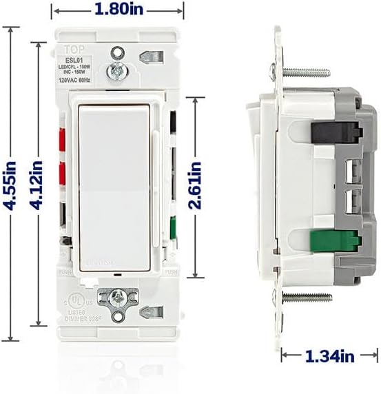 Leviton Lever Edge Rocker Slide Dimmer Switch for LED/Incandescent Bulbs, 150 Watt, Single Pole or 3-Way, 2-Pack, ESL01-2PW, White