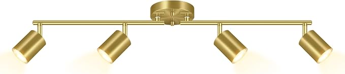 BoostArea Gold LED 4 Light Track Lighting Kit, 4 Way Ceiling Spot Lighting, Flexibly Rotatable Light Head for Kitchen, Living Room, Bedroom, Bulb Not Included