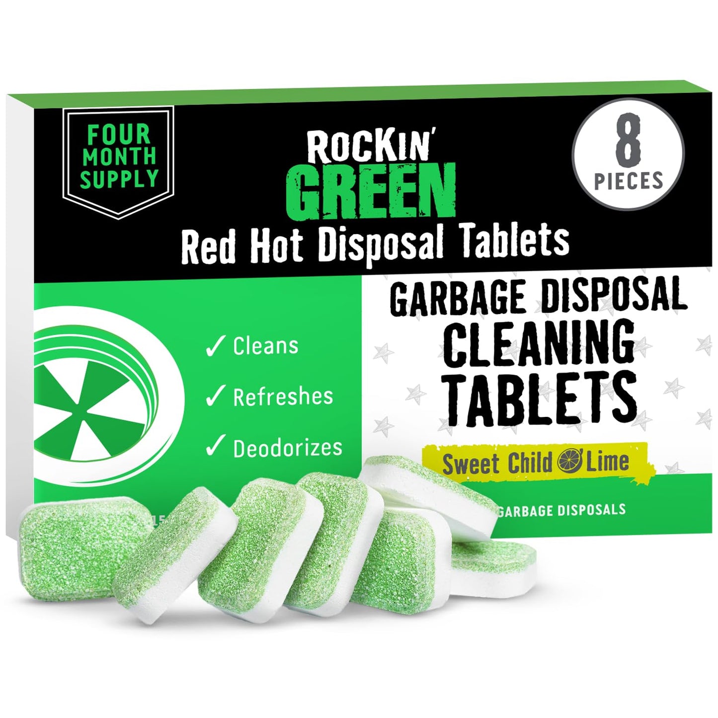Rockin Green Garbage Disposal Cleaner and Deodorizer (8 Tablets) - Garbage Disposal Cleaner Tablets Kitchen Sink Cleaner and Deodorizer - Sink Drain Cleaner and Deodorizer (Sweet Child OLime Scent)