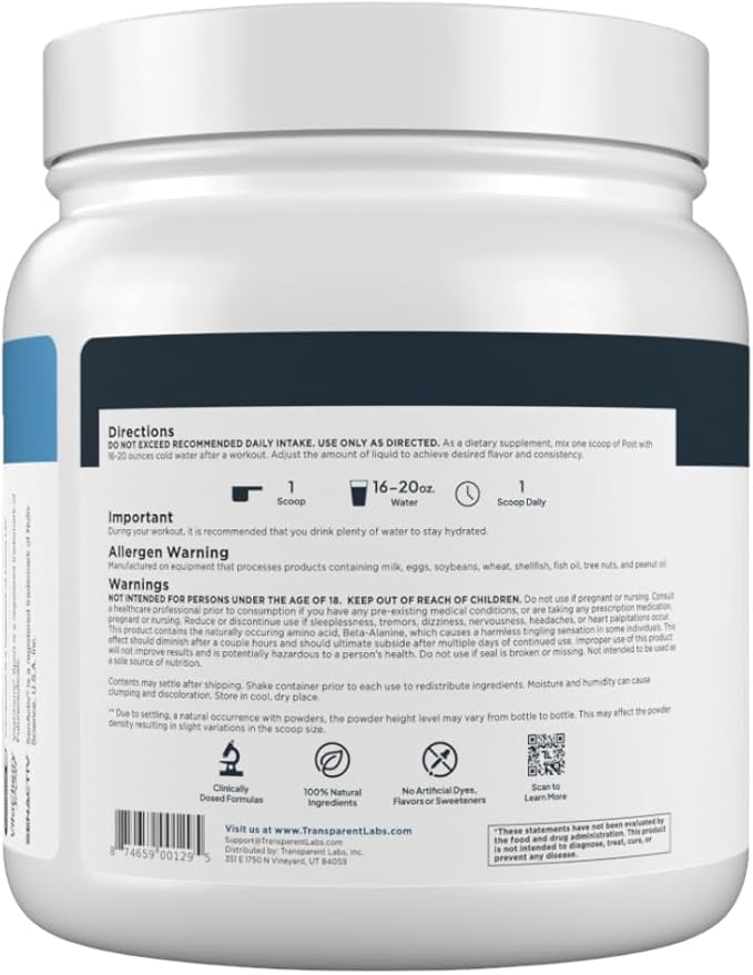 Transparent Labs Post - Post-Workout Recovery Muscle Builder with L-Glutamine, Beta-Alanine and BetaPure Betaine Anhydrous for Muscle Recovery and Muscle Building - 30 Servings, Strawberry Lemonade