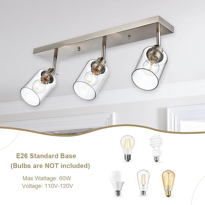 3 Light Interior Wall Mounted Lights Metal Black Bathroom Lighting Multi-Directional Rotating Metal Ceiling Light Fixture with Clear Glass Industrial Spotlight for Kitchen Foyer