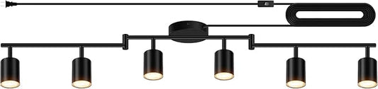 Plug in Track Lighting LED, Track Lighting Fixtures Ceiling, Black 6-Light Kitchen Light Kit, Plug in Wall Light with 14.8ft Power Cord, Rotatable Ceiling Spotlight for Bedroom(GU10 Socket, NO Bulb)