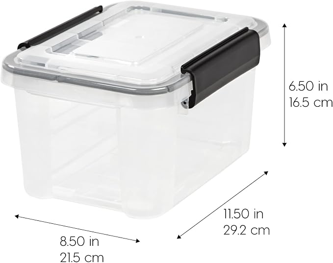 IRIS USA WeatherPro 6 Qt Storage Bins with Lids, 6 Pack, BPA-Free Plastic Gasket Box with Tight Latch and Seal, Stackable Nestable Tote Tub - Clear/Black
