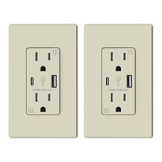 ELEGRP USB Charger Wall Outlet, USB Receptacle with USB A & USB C Ports, 15 Amp Duplex Tamper Resistant Receptacle Plug NEMA 5-15R, Wall Plate Included, UL Listed, 2 Pack, Matte Light Almond