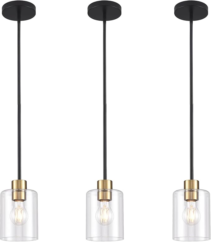 Modern 3 Pack Black Gold Pendant Lights for Kitchen Island, Brushed Brass Modern Hanging Light with Clear Glass Shade, Adjustable Metal Rod Pendant Lighting for Dining Room, Living Room, Bar, Entryway