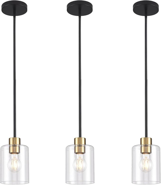 Modern 3 Pack Black Gold Pendant Lights for Kitchen Island, Brushed Brass Modern Hanging Light with Clear Glass Shade, Adjustable Metal Rod Pendant Lighting for Dining Room, Living Room, Bar, Entryway
