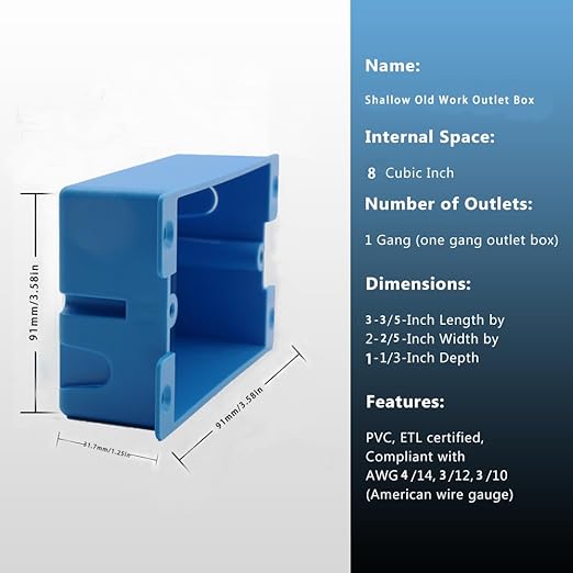 Blue Old Work Shallow Outlet Box,Non-Metallic,8 Cubic Inch Shallow Electrical Box,ETL Listed for Home Improvement,AWG Standard,Fire Rated for Two Hours(12 Pack)