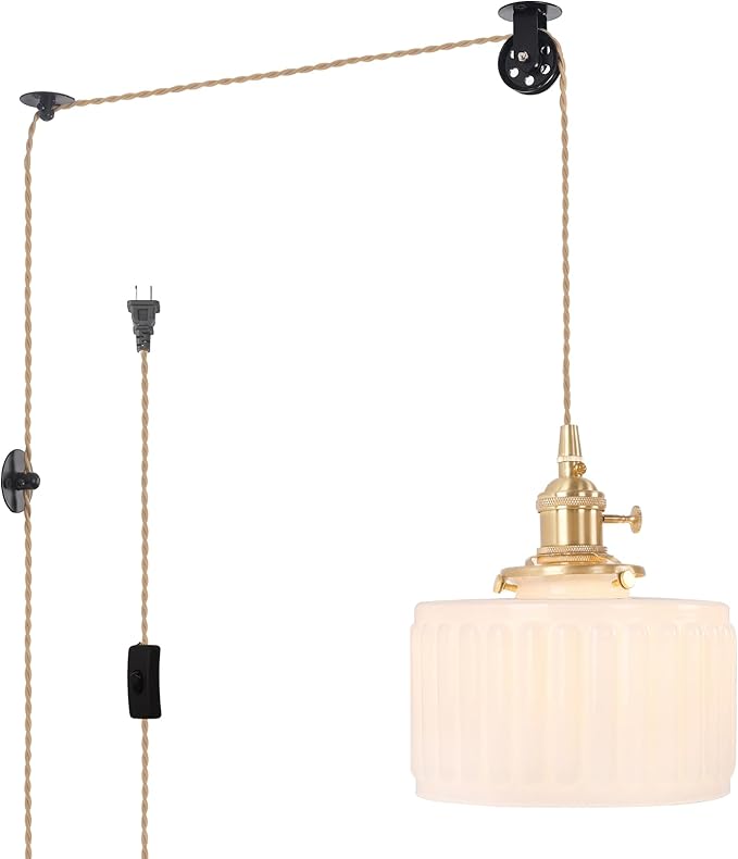 Shenmoyl Plug in Pendant Light Hanging Light Fixture Corded On/Off Switch Brass Pendant Light with White Striped Glass Lampshade for Bedroom Living Room Kitchen Island