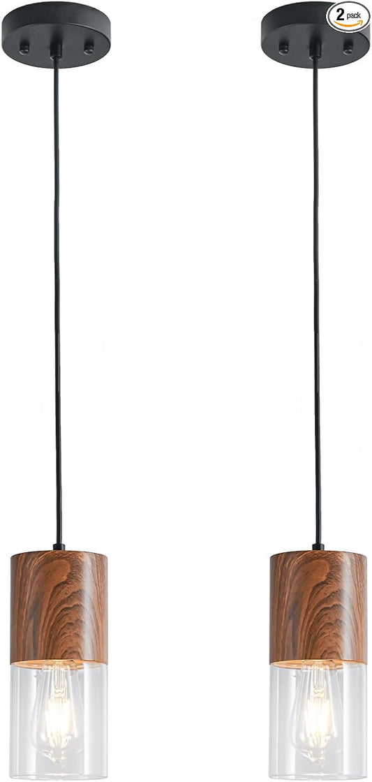 2-Pack Modern Pendant Lights for Kitchen Island, Adjustable Pendant Light Fixtures with Brown Wood Grain, Industrial Clear Glass Pendant Lights for Dining Table Hallway Bedroom Living Room