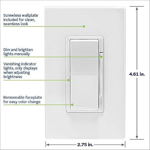 Leviton Decora Smart Dimmer Switch, Wi-Fi 2nd Gen, Neutral Wire Required, Works with Matter, Alexa, Google Assistant, Apple Home/Siri, Wired or Wireless 3-Way, D26HD-1RW, White (Pack of 2)