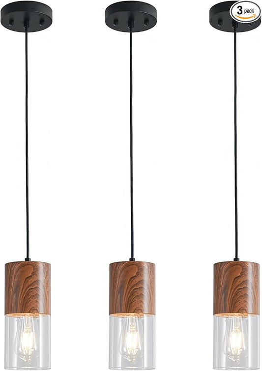 3-Pack Modern Pendant Lights for Kitchen Island, Adjustable Pendant Light Fixtures with Brown Wood Grain, Industrial Clear Glass Pendant Lights for Dining Table Hallway Bedroom Living Room