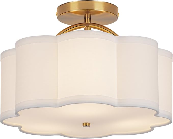 CALOKES Semi Flush Mount Ceiling Light, 11.8" Modern 3-Light Fixture with Petal-Shaped Cream White Fabric Shade and Golden Support Arm, Ideal for Bedroom, Kitchen, Living Room, Hallway, and Entryway