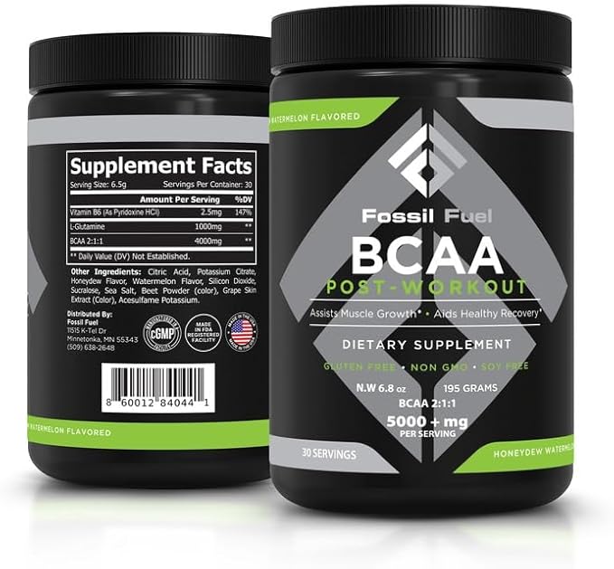 Fossil Fuel Sugar-Free BCAA Powder – Post-Workout Muscle Recovery with BCAAs, Glutamine, Vitamin B6, Amino Acids, Endurance & Hydration, Honeydew Watermelon (30 Servings)