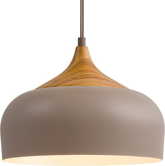 ELYONA 12 Inch Japandi Pendant Light, Farmhouse Pendant Light Fixture with Faux Pine Wood Grain Metal Shade, Adjustable Hanging Light for Kitchen Island Dining Room Bedroom Sloped Ceiling, Dark Brown