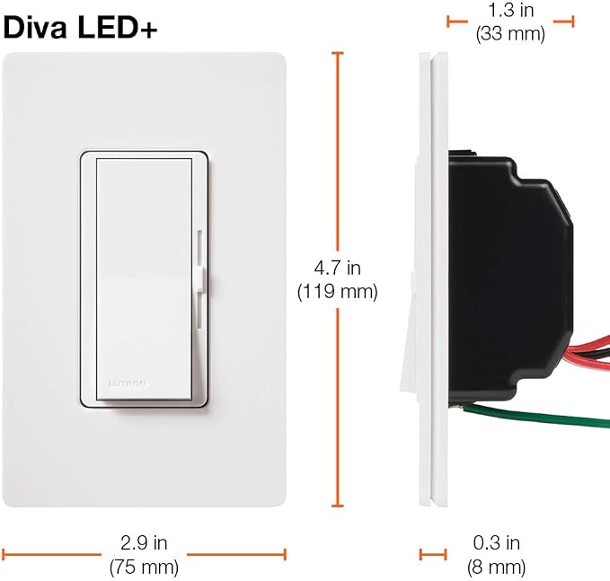 Lutron Diva LED+ Dimmer Light Switch for Dimmable LED, Halogen, and Incandescent Bulbs, 150 Watt, Single-Pole or 3-Way, DVWCL-153PH-2-WH, White (2-Pack) with Wallplate