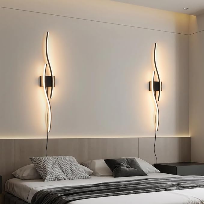 Daunton Modern Plug in Wall Sconces Set of Two, RC Dimmable LED Plug in Wall Light, Black Sconce Wall Lighting for Living Room, Hallway, Bedroom
