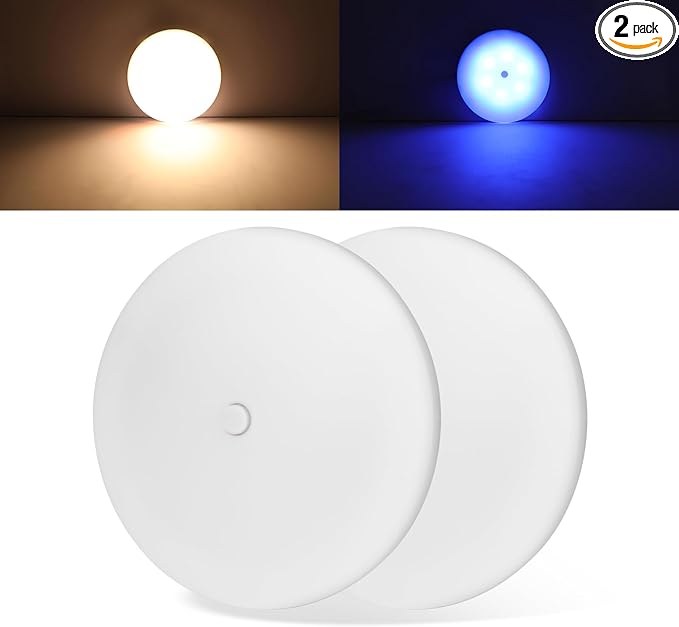 RV Puck Light 5Inch, Dimmable RV Light Fixture 12V, Camper Interior Lighting with Inbuilt Dimmer Switch, Led Ceiling Lighting for Boat Camper Trailer Car(Dimmable Warm White& Blue, 2PCS)