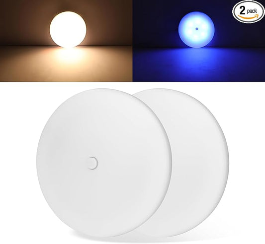 RV Puck Light 5Inch, Dimmable RV Light Fixture 12V, Camper Interior Lighting with Inbuilt Dimmer Switch, Led Ceiling Lighting for Boat Camper Trailer Car(Dimmable Warm White& Blue, 2PCS)