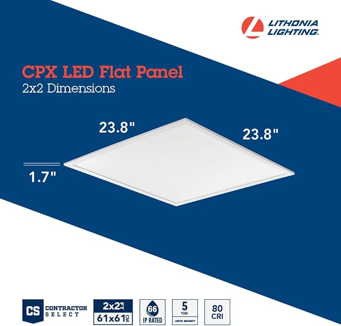 Lithonia Lighting CPX 2x2 LED Flat Panel Light, 2 Ft. x 2 Ft. LED Light Panel, Ceiling Lighting Fixture, 2500/3200/4000 Adjustable Lumens, 3500K/4000K/5000K Switchable CCT, Smooth Satin Lens, White