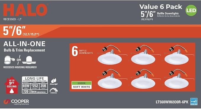 HALO LT 5 in / 6 in LED Recessed Lights Retrofit Can Light Fixtures 6 Pack 3000K Warm White 600 Lumens Wet Location Dimmable Ceiling Downlights with Baffle White Trim