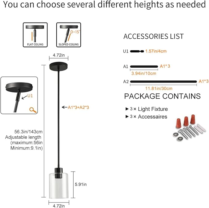 3 Pack Black Pendant Lights Kitchen Island, Modern Industrial Matte Black Hanging Light Fixtures, Adjustable Downrod Farmhouse Glass Pendant Lighting for Dining Room Bedroom Hallway Entryway