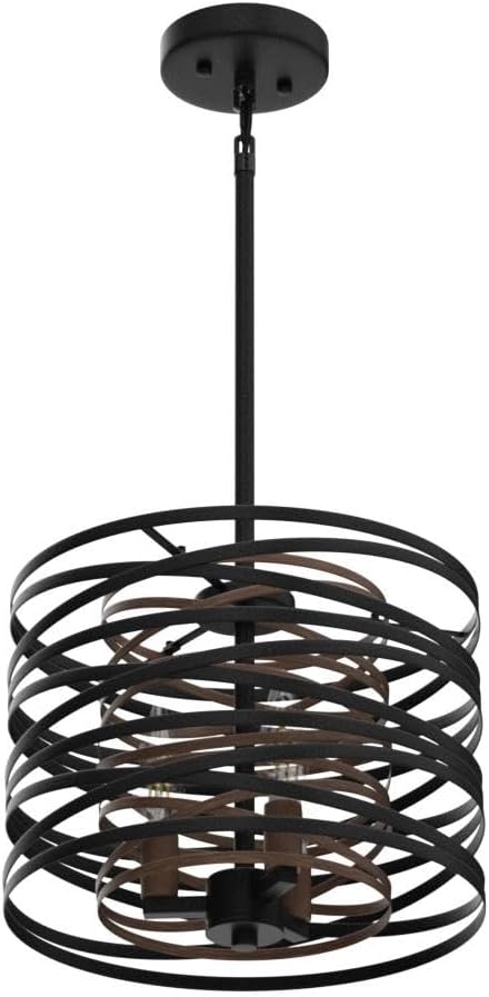 12.6'' Farmhouse Chandeliers for Dining Room, 3-Light Industrial Metal Hanging Light Fixture, Rustic Drum Pendant Light for Entryway Kitchen Foyer Bedroom, Black with Retro Wood Texture Interior