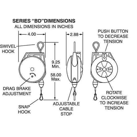 Hubbell Workplace Solutions GR62410005 BD-05 Tool Balancer, Molded ABS Housing, 6' Long Galvanized Steel Aircraft Cable, Min/Max Capacity 3.0-5.0 lb.
