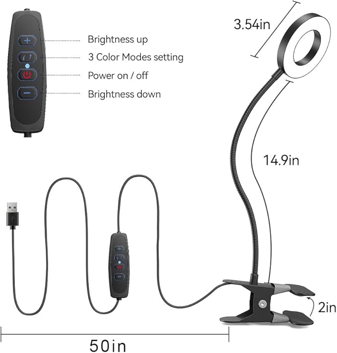 LED Desk Lamp Clip on Light with 3 Color Modes 10 Brightness Ring/Clamp Light 360° Adjustable Neck Dimmable Eye Protection Desk Lamps for Home Office