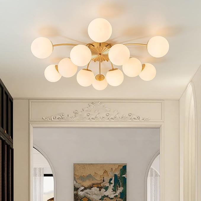 12-Light Milk Glass Pendant Light, 40" Sputnik Bubble Glass Chandelier Light Fixture, Hand Blown Semi Flush Mount Ceiling Chandeliers Lighting for Dining Room, Living Room (Gold, 12-Light Ceiling)
