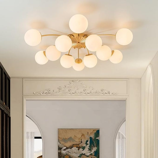 12-Light Milk Glass Pendant Light, 40" Sputnik Bubble Glass Chandelier Light Fixture, Hand Blown Semi Flush Mount Ceiling Chandeliers Lighting for Dining Room, Living Room (Gold, 12-Light Ceiling)