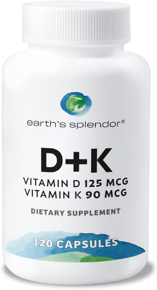 Splendeur de la Terre Vitamine D + K, 120 Gélules, Contient 120 mcg de Vitamine D3 et 90 mcg de Vitamine K2, Approvisionnement pour 4 Mois