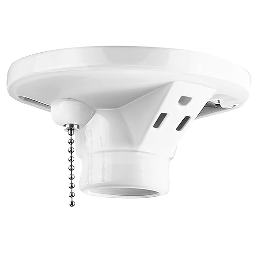 1 Pack Light Socket with Outlet and Pull Chain Light Fixture, Bulb Socket with Grounded Outlet, E27/e26 Base, Box Mount for Indoor Garage Closet Lighting (Porcelain)