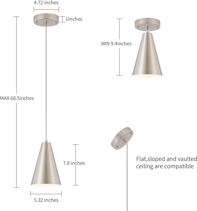 Brushed Nickel Pendant Lights Kitchen Island,Dining Room Light Fixtures Over Table 3 Pack with Silver Cone Metal Shade, Modern Farmhouse Small Chandeliers,Adjustable Cord Hanging Lighting for Sink