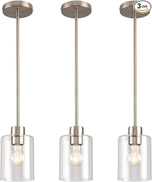 Brushed Nickel Pendant Lights Kitchen Island - Clear Glass Pendant Light Fixture Multiple Stems Rods 3 Units 12 Inch 3 Units 4 Inch (3 Pack Brushed Nickel)