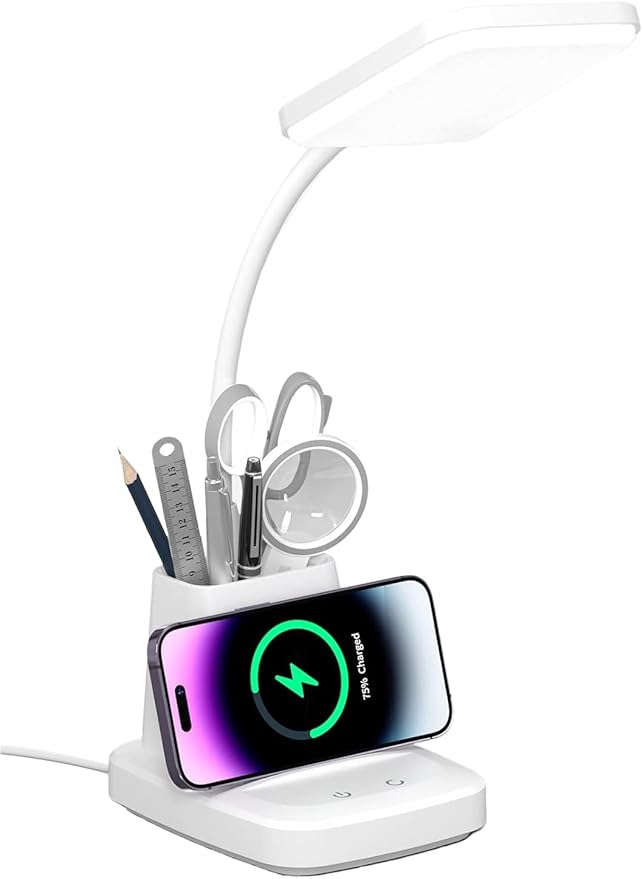 Desk Lamp with Wireless Charger - LED Desk Lamps for Home Office with Pen Holder, 800LM, 3 Color Modes, Flexible Arm, Eye-Caring White Table Lamps for Home College Dorm Room