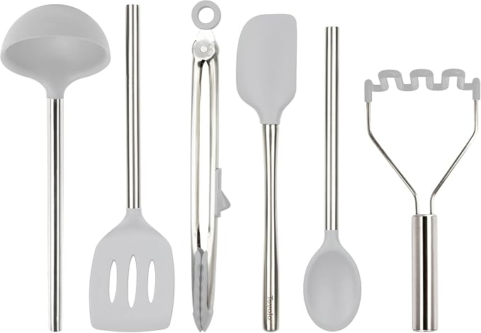 Tovolo Silicone Cooking Utensil Set of 6 Stainless Steel Handle Ladle Slotted Turner Tongs Flex Core Spatula Scraper Mixing Spoon & Potato Masher, Dishwasher Safe BPA Free Utensils, Oyster Gray