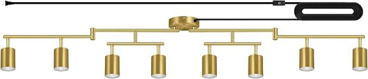 Plug in Track Lighting LED, Track Lighting Fixtures Ceiling, Gold 8-Light Kitchen Light Kit, Plug in Wall Light with 14.8ft Power Cord, Rotatable Ceiling Spotlight for Bedroom(GU10 Socket, NO Bulb)