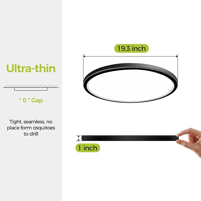 hepside 1PACK Flush Mount LED Ceiling Light Fixture Black, 20Inch 45Watt, Dimmable & 3000K-4500K-6000K Ceiling Lamp 4500LM Low Profile Ceiling Light for Kitchen Bedroom Hallway Porch