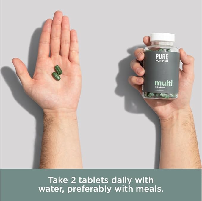 Complément multivitaminé Pure for Men | Énergie, soutien de l'humeur, os solides, antioxydants, minéraux | Vitamines A, B, C, D, magnésium, calcium | Mélange exclusif de 42 fruits et légumes | 120 comprimés végétaliens