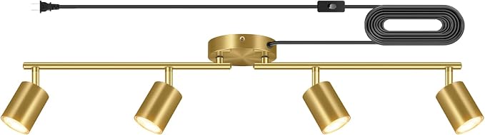 Plug in Track Lighting LED, Track Lighting Fixtures Ceiling Gold, 4-Light Kitchen Light Kit, Plug in Wall Light with 14.8ft Power Cord, Rotatable Ceiling Spotlight for Bedroom(GU10 Socket, NO Bulb)