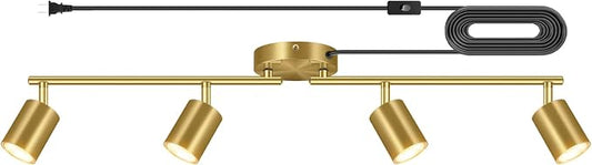 Plug in Track Lighting LED, Track Lighting Fixtures Ceiling Gold, 4-Light Kitchen Light Kit, Plug in Wall Light with 14.8ft Power Cord, Rotatable Ceiling Spotlight for Bedroom(GU10 Socket, NO Bulb)