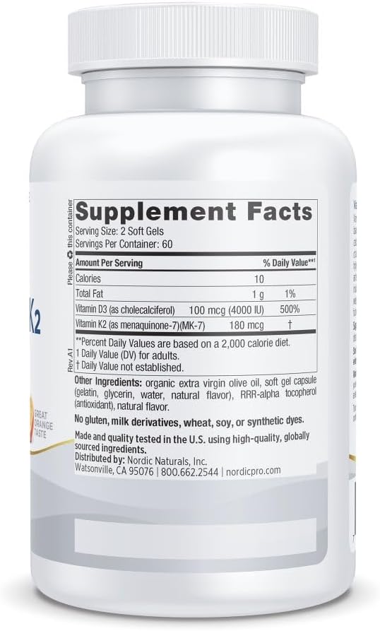 Nordic Naturals Professional Grade Vitamin D3+K2 Supplement, Orange Flavor - 60 Soft Gels - 4000 IU Vitamin D3 & 180 mcg K2- Promotes Calcium Balance & Immune Function - Non-GMO - 30 Servings
