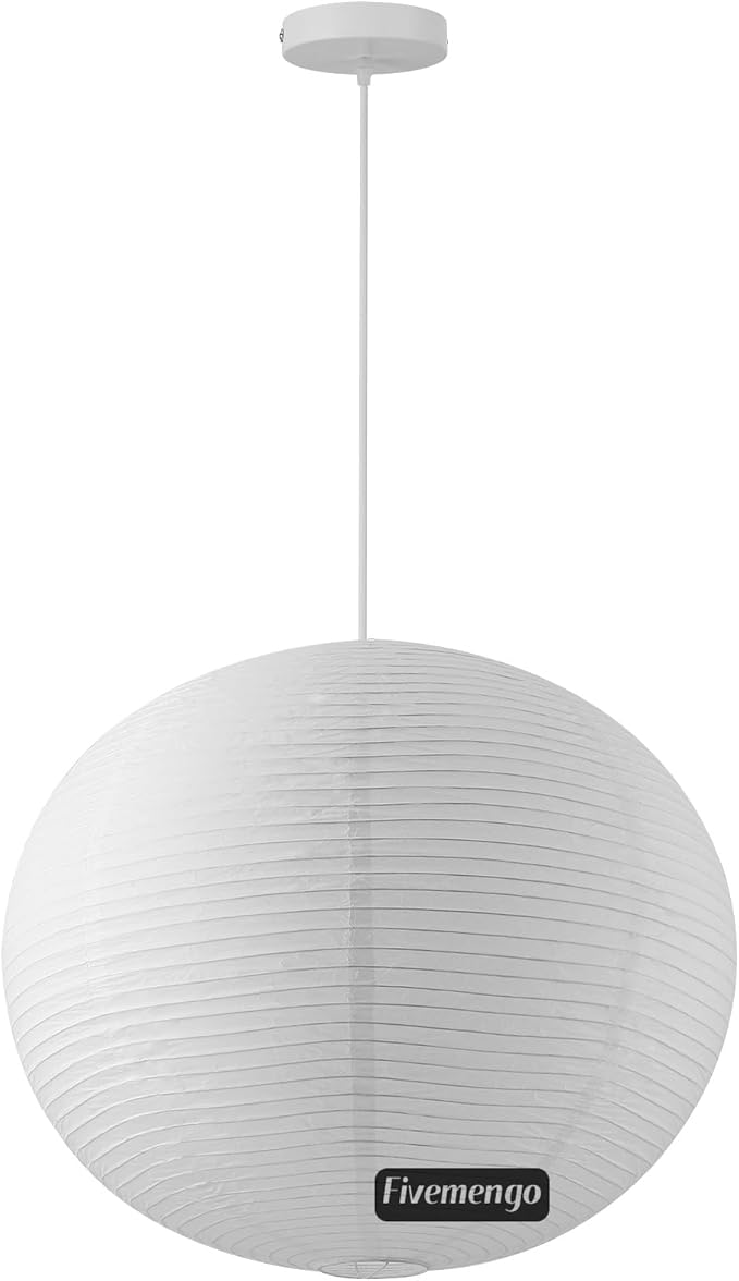 Large Rice Paper Pendant Light Kit, 23.6in White Globe Paper Lantern Lights, E26 Base, Japanese Hanging Lantern Lamp Japandi Chandelier for Dining Room Bedroom Office Living Room